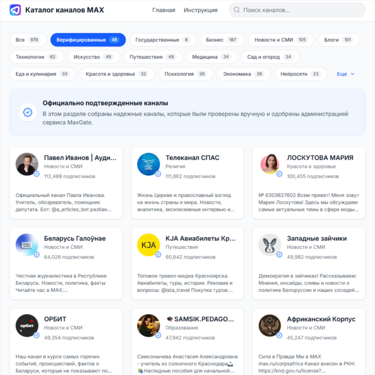 Каталог каналов MAX от MaxGate
